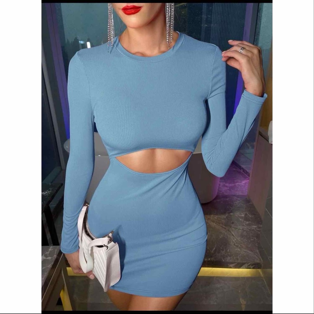 Solid ribbed peekaboo bodycon dress - Picture 1 of 5